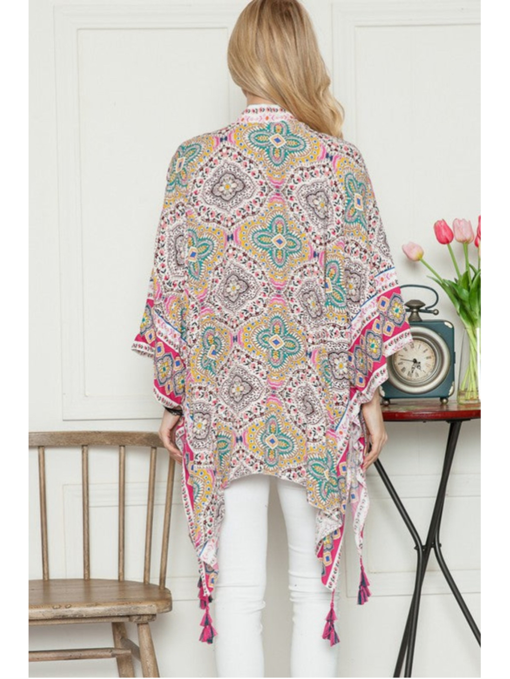 🇺🇸 Women's Unbranded Paisley Tassel Kimono Coverup One Size White Pink - Picture 6 of 6